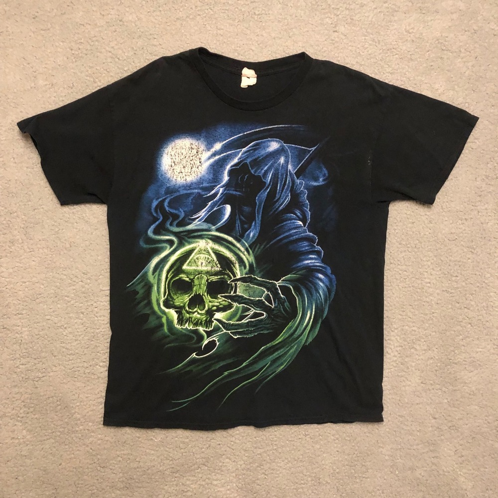 Vtg Distressed Grim‎ Reaper Skull Graphic T-Shirt Black Faded Gothic Horror Mens